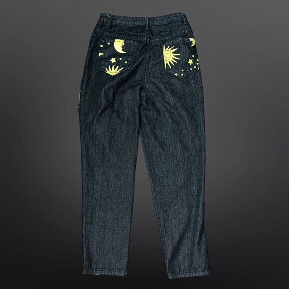 Woman’s Black Denim Factory Bright Yellow Moon & Sun Stars Pattern 28x28 #231 - Picture 4 of 5